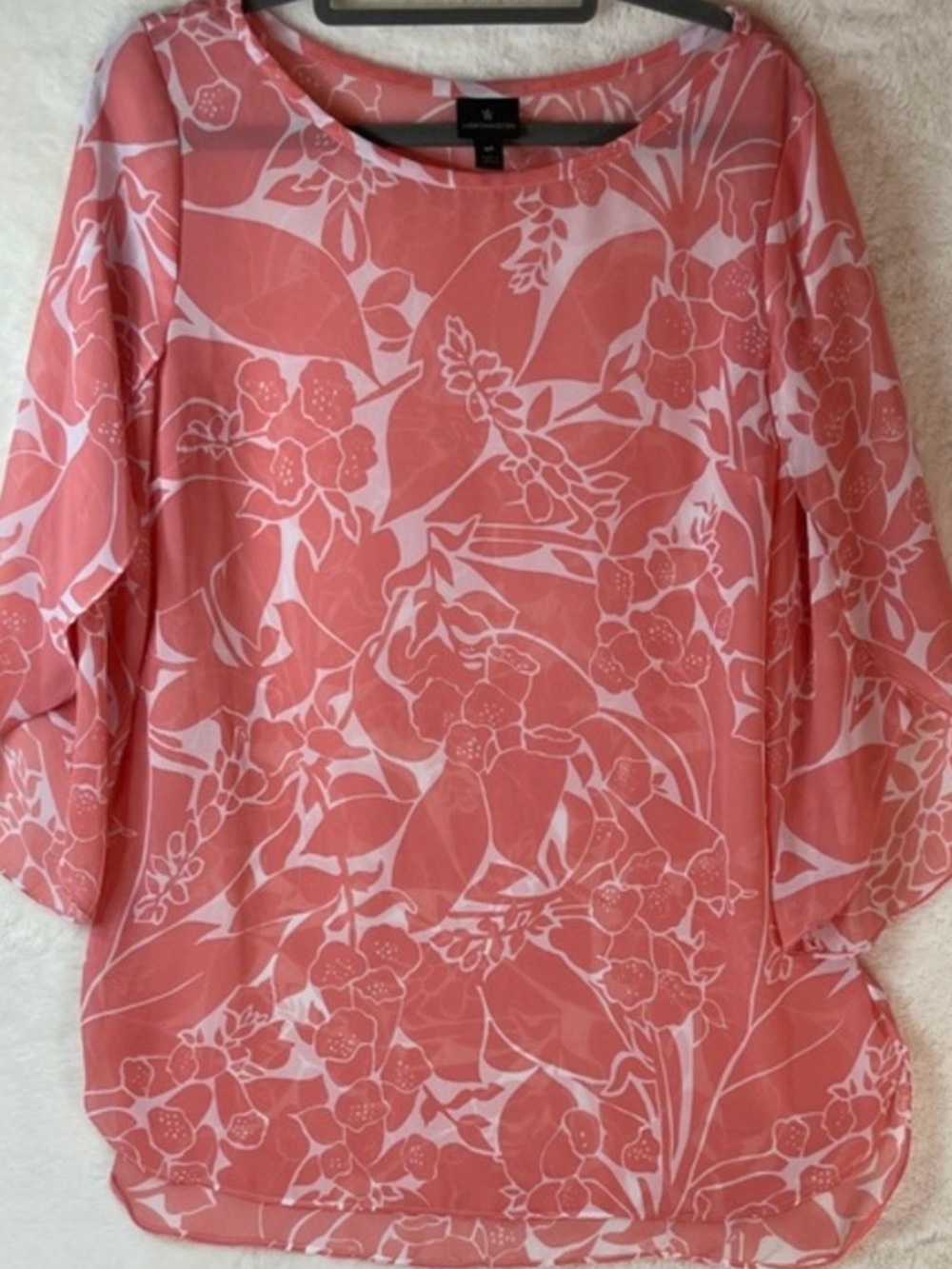 Flowy 3/4 Sleeve Worthington Women’s Medium Tall Pink Floral Sheer Blouse Top